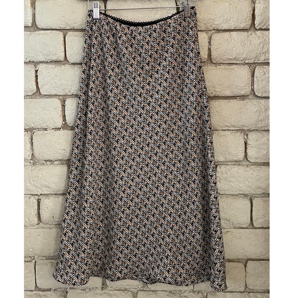 MAX STUDIO A-Line Geometric Print Midi Skirt - Black / Tan / White - Size XS